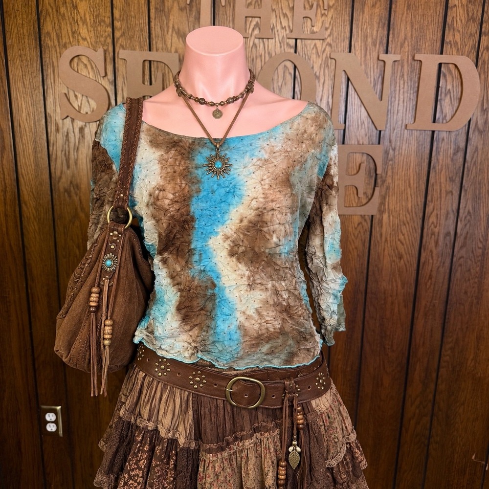 Y2K Brown Turquoise Tie Dye Crinkle Mesh Top Only Nine Womens M Y2K Boho Fairy
